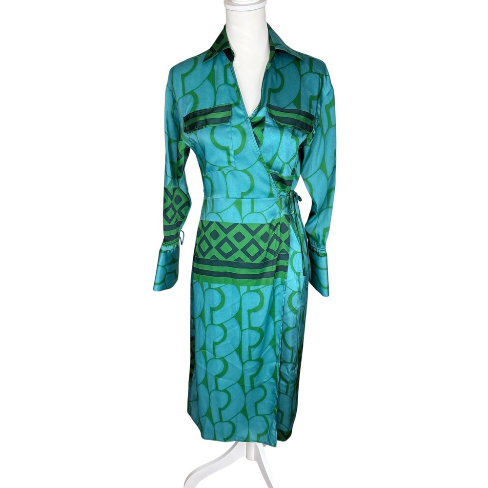 Mango Woman 423 Monik Green Geometric Wrap Midi Dress Italian Fabric XXS New